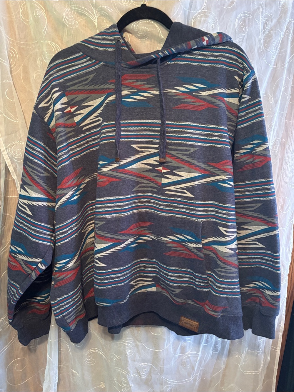 Ariat Navy Geometric Patterned Pullover Hoodie with Red & Teal Accents